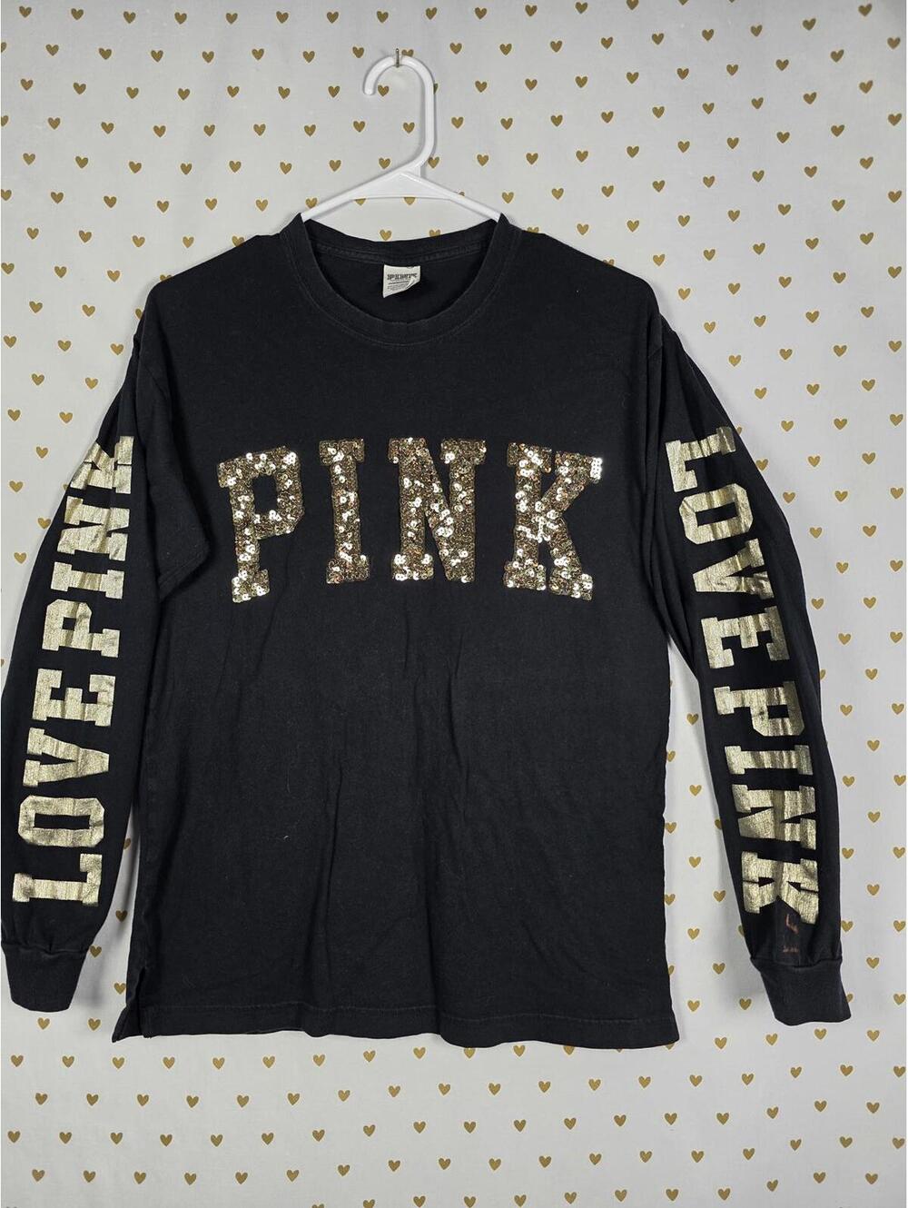 Victorias Secret PINK BLING GOLD LONG SLEEVE Campus Tee shirt XS
